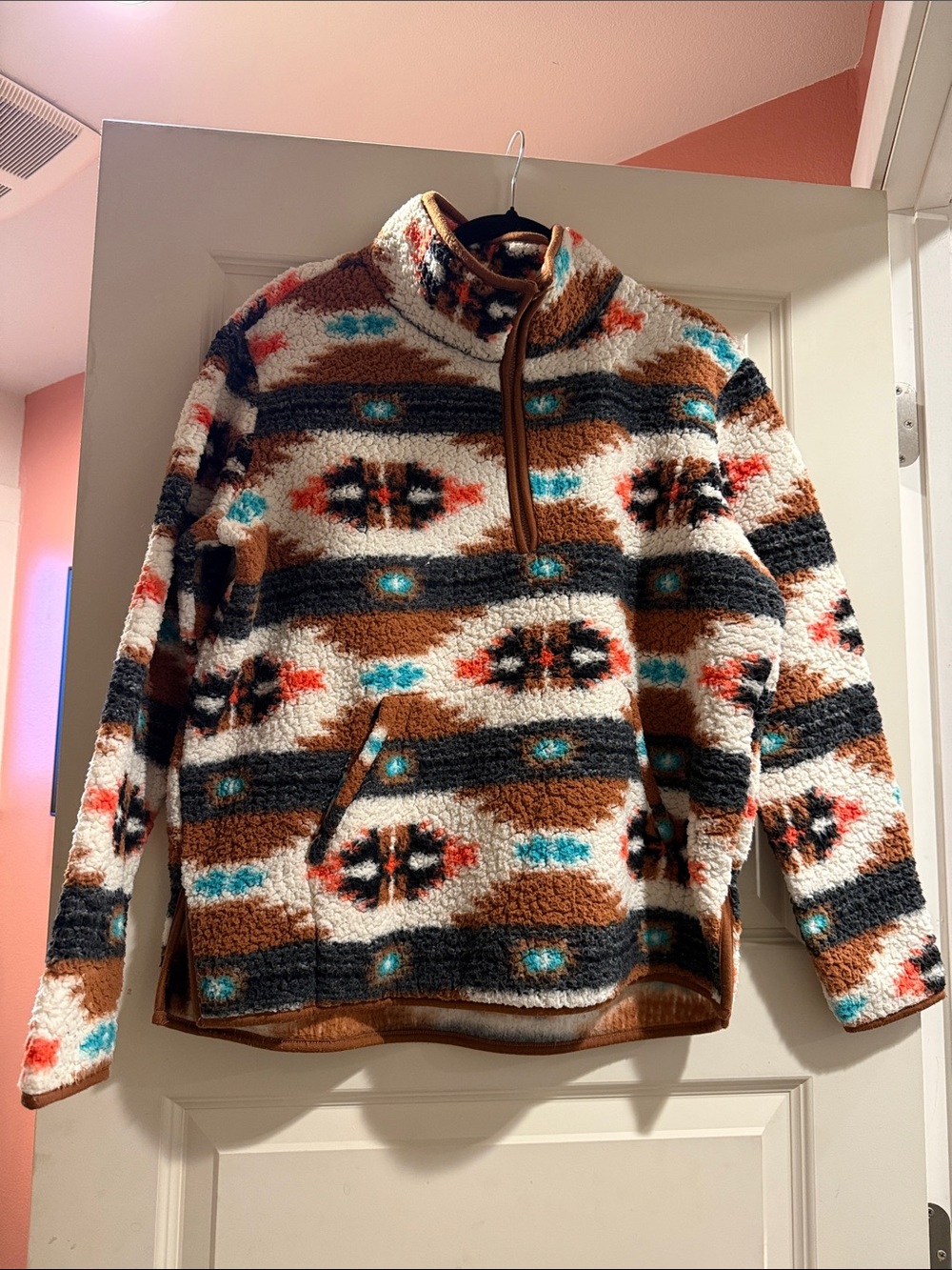 Women’s Aztec Sherpa Quarter-Zip Pullover - Brown/White/Turquoise/Black